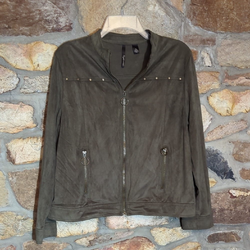 Skye's the Limit Olive Green Faux Suede Jacket with Ring Zipper